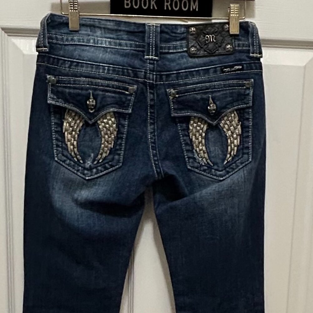 RARE MISS ME JEANS; LOW RISE  BOOTCUT EMBELLISHED SEQUIN SPLIT  WINGS  POCKETS
